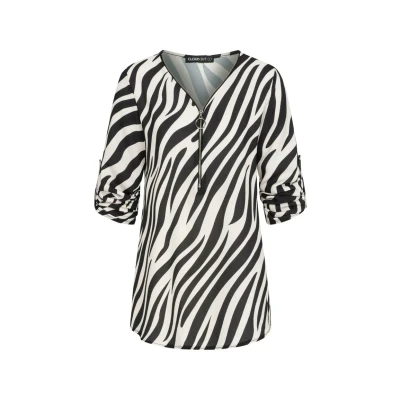 Abbildung von Cloud 5ive Damen Bluse Crepe Shirt mit Turn Up Ärmeln und Zipper Zebra Print schwarz weiss