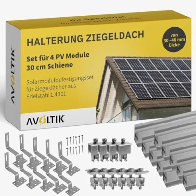 Abbildung von Solar Halterung Ziegeldach I Set für 3 PV Module 30 40mm Solarmodul Balkonkraftwerk Solarmodulbefestigungsset Ziegeldächer aus Edelstahl 1.4301 (Silber, 4 Module)