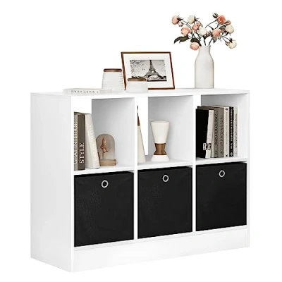 Abbildung von WOLTU Bücherregal mit 3 Schubladen aus Vliesstoff, Standregal 6 Fächern, Würfelregal für Schlafzimmer Wohnzimmer Arbeitszimmer Büro, Weiß, 80x60x30 cm, SK033ws