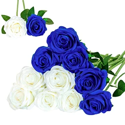 Abbildung von Floralsecret 12 Stück künstliche Seide Rosen Blumenstrauß Faux Flowers Home Hochzeitsfeier Dekor(Weiß, Blau)