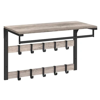 Abbildung von VASAGLE Wandgarderobe, mit Ablage, Wandregal 10 abnehmbaren Haken, Hängeregal, Wandmontage, 2 Garderobenleisten, Kleiderstange, für Flur, Schlafzimmer, Badezimmer, greige schwarz LCR101B02