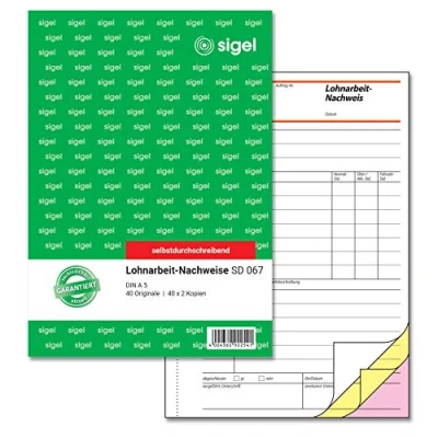 Abbildung von SIGEL SD067 Lohnarbeits Nachweis A5, 3x40 Blatt, selbstdurchschreibend, mikroperforiert, mit Abheftlochung, aus nachhaltigem Papier