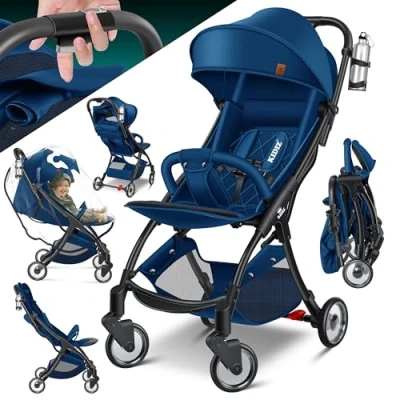 Abbildung von KIDIZ® Kinderwagen Premium Kinderbuggy klappbar Liegebuggy Sportwagen Faltbar 360Räder 5 Punkt Gurt Inkl. Getränkehalter &amp; Regenabdeckung, verstellbare Rückenlehne Sonnenverdeck Navyblau