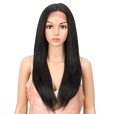 Abbildung von Style Icon Perücke mit Filmansatz 61cm Lace Front Wigs Schwarz Perücken für Frauen Mittelscheitel lang glatt synthetische Babyhaar Kunstfaser Faser 130% Dichte