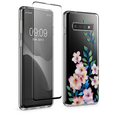 Abbildung von kwmobile Hülle kompatibel Mit Samsung Galaxy S10 Handyhülle Silikon Case Transparent Glas Schutzfolie Kirschblüten bunt Hellrosa Rosa