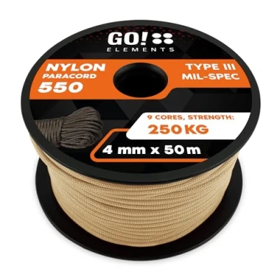 Abbildung von GO!elements 50m Paracord Seil aus reißfester Nylonschnur 4mm 550 Typ III Schnur geeignet als Allzweckseil &amp; Reepschnur Max. 250kg, Farbe: Sand