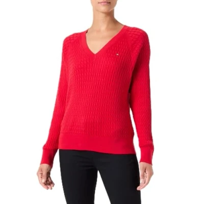 Abbildung von Tommy Hilfiger Strickpullover CO CABLE V NK SWEATER mit Zopfmuster, Ausschnitt