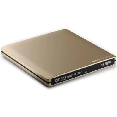 Abbildung von techPulse120 externes USB 3.1 C 3.0 UHD HDR 4k 3D MDisc BDXL Laufwerk Bluray Brenner Burner Superdrive BD DVD CD für Computer Desktop PC Notebook Windows macOS Apple iMac MacBook Aluminium Gold