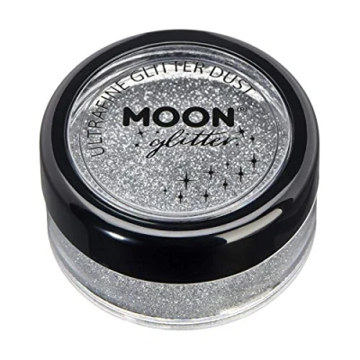 Abbildung von Klassischer ultrafeiner Glitter Staub von Moon 100% kosmetische Glitzer für Gesicht, Körper, Nägel, Haare und Lippen 5g Silber