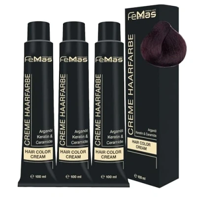 Abbildung von FemMas Haarfarbe 3x Hellbraun Mahagoni 5.5 I Professionelle Creme mit Arganöl, Keratin &amp; Ceramiden Als dauerhafte Haarfärbung oder Tönung für strahlende, haltbare Farbergebnisse 100 ml