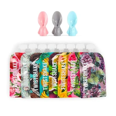 Abbildung von Twistshake 8x Quetschbeutel 100ml + 3x Löffel für Babynahrung Doppelter Reißverschluss Wiederverwendbarer Lebensmittelbeutel BPA freier Babybeutel und Selbstfütterungslöffel