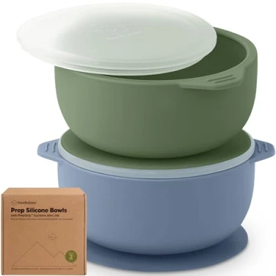 Abbildung von KeaBabies 2er Pack Baby Schüssel mit Saugnapf und Deckel Silikon Breischale für Jungen, Mädchen, Kinderschüssel Babygeschirr, Kinderschale, Silikonschüsseln Babynahrung, BPA frei (Slate)