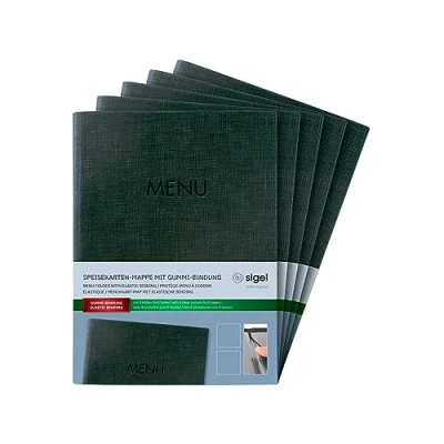 Abbildung von SIGEL SM207/5 Speisekarten Mappe A5, Gummi Bindung, anthrazit mit Leinenstruktur, 5er Pack, strapazierfähig und leicht abwischbar
