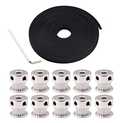Abbildung von QitinDasen 5m GT2 Zahnriemen, 2mm Pitch 6mm Breite Riemen, mit 10Pcs 20 Zähne Aluminium Zahnriemenscheibe und Allen Wrench, für 3D Drucker