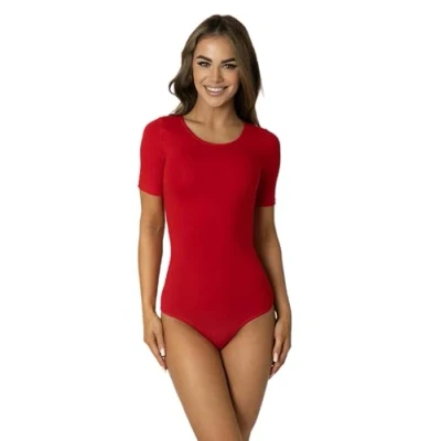 Abbildung von Alkato Damen Kurzarm Body Baumwolle Bodysuit mit Rundhalsausschnitt blickdicht, Farbe: Rot, Größe: L (Long 170 176 cm)