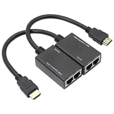 Abbildung von QIANRENON RJ45 to HDMI Extender über CAT 5e Ethernet Netzwerkkabel Adapter Signalverstärker 100ft 1080P Kabel 30M Sender+Empfänger 2 Port