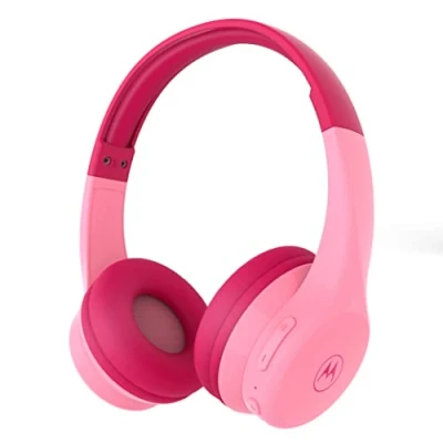 Abbildung von Motorola Moto JR300 Bluetooth Kinder Kopfhörer mit Mikrofon Leichter Over Ear für Kinder, Lautstärkebegrenzung 85 dB, Audio Splitter zum Teilen ideal Schule, Reisen, Gaming Rosa