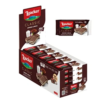 Abbildung von Loacker Classic Cocoa &amp; Milk Klassische Kakao Waffeln mit zwei Schichten zarter Milchcreme aus 100 % Alpenmilch in der Großpackung Essen und Snacks 25 Stk á 45 g