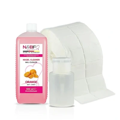 Abbildung von NAILS FACTORY N&amp;BF Nagel Cleaner Set mit Duft 500ml + Dispenser Pumpflasche Weiss 150ml 1000 Zelletten Cellulose Pads (2 Rollen à 500 Stück) 70% Isopropanol Alkohol für Gelnägel (Orange)