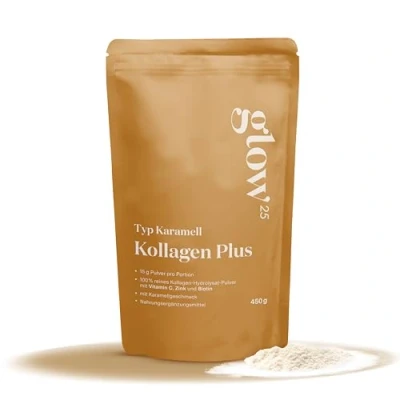 Abbildung von Glow25® Collagen Plus Typ Karamell [450g] Kollagen Hydrolysat mit Vitamin C, Zink und Biotin Peptide 1 3 Gute Löslichkeit