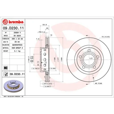 Abbildung von BREMBO 09.D230.11 Bremsscheibe 269 22 5 innenbelüftet beschichtet hochgekohlt AUDI: A6 C5 Avant, Limousine, VOLKSWAGEN: Passat B5 GP Variant