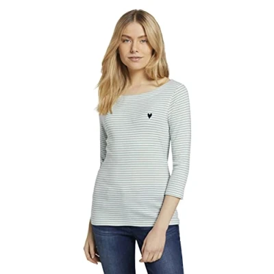 Abbildung von TOM Tailor Stripe BOAT NECK Langarmshirt, Damen, Größe: 3XL, White/green