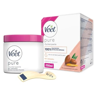 Abbildung von Veet Zuckerpaste Haarentfernung an Körper &amp; Gesicht, 3 St., inkl. Holzspatel Stoffstreifen, mit Arganöl