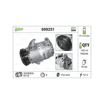 Abbildung von VALEO 699251 Kompressor 6V12 12 PAG 46 R 134a mit Kompressoröl NEW ORIGINAL PART OPEL: Corsa D Schrägheck, Astra G Caravan, CC