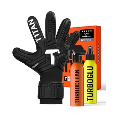 Abbildung von T1TAN Classic 1.0 Black Out (FP) + Turbogrip &amp; Turboglu Torwarthandschuhe mit Handschuhreiniger und Grip Booster Fingerschutz Fußballhandschuhe für Torhüter Größe 8