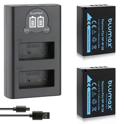 Abbildung von Blumax 2X Akku 1140mAh für Fujifilm NP W126s/NP W126 + Slim Dual Ladegerät USB XT 3 XT3 200 X A7 XA7 T1 T10 Pro1 E1 E2 M1 A1 A2 Pro2 ES2 A3 HS50EXR