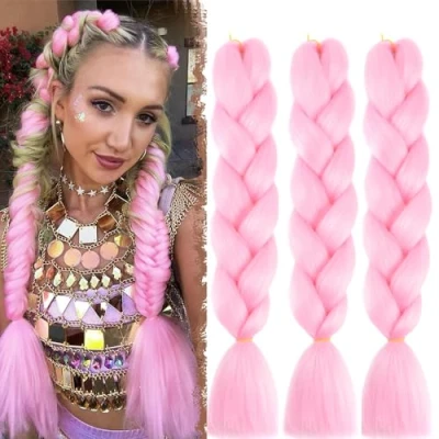 Abbildung von Braids Extensions,3pack Kanekalon Haar Jumbo Braid Extension 24&quot;, Ombre Braiding Hair Kunsthaar Zum Einflechten Für Crochet Twist Flechten A16 pink