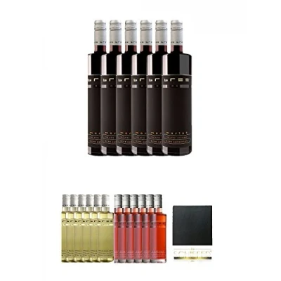 Abbildung von Bree Red Merlot 6 x 0,75 Liter + Chardonnay Pinot Noir Rosewein Schiefer Glasuntersetzer eckig ca. 9,5 cm Durchmesser