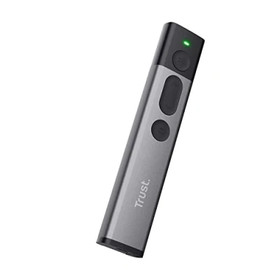 Abbildung von Trust Kazun Drahtlose Laser Präsentationshilfe mit 4 Powerpoint Funktionen, Ultraflachen Design, Aluminiumgehäuse, Extra Große Reichweite 30 m, für PC/Laptop Grau