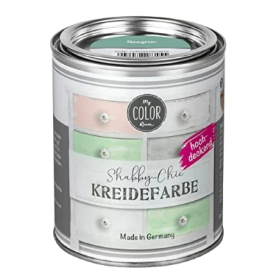 Abbildung von My COLOR Room Shabby Chic Kreidefarbe 750 ml Seegrün Küchenmöbellack und Möbelfarbe ohne Schleifen. Wasserbasiertes Chalk Paint, für Holz &amp; mehr mit hoher Deckkraft u. schnell trocknend