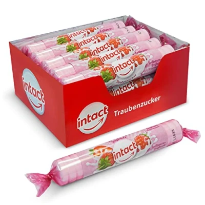 Abbildung von intact Traubenzucker (Erdbeere Joghurt) Rolle 15 St. Multipack (15 x 40g) Bonbons 100% Vegan