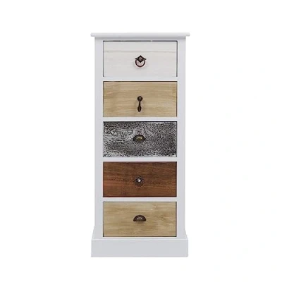 Abbildung von Rebecca Mobili Kommode in Weiß Braun Grau, Kleiner Schrank, mit 5 Schubladen, Paulownienholz, Retro Stil, als Einrichtung für Schlafzimmer Flur Maße: 84 x 37 27 cm (HxLxB) Art. RE4157