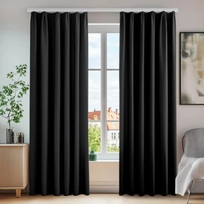 Abbildung von Deconovo Verdunkelungsvorhang Blickdichte Gardine Vorhänge Thermovorhang mit Kräuselband, 210x140 cm(HöhexBreite), Schwarz, 2er Set