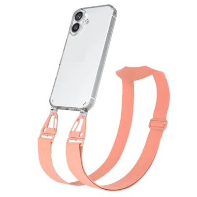 Abbildung von EAZY CASE Handykette mit breitem Band kompatibel iPhone 16 dünne Handyhülle für Apple Hülle Silikon stoßfester Fallschutz Kette zum Umhängen in Korall Clips