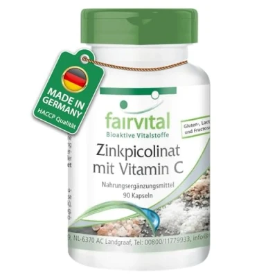 Abbildung von Fairvital Zinkpicolinat Kapseln mit Vitamin C 90 HOCHDOSIERT VEGAN 15mg Zink pro Kapsel