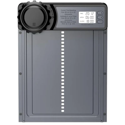 Abbildung von CHAMUTY Aluminum Automatische Hühnerklappe Batterie, Automatisch mit Wasserdicht Großes Display, Timer, Manuelle, Elektrische Hühnertür, Intelligenter Einklemmschutz, Grau