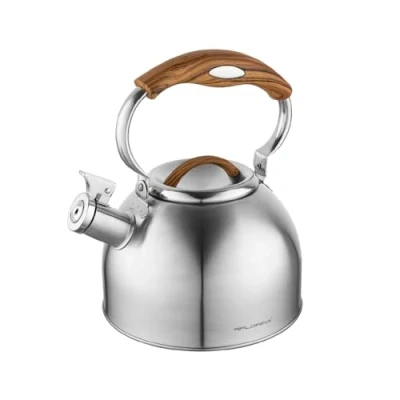 Abbildung von FLORINA JOE Wasserkessel (2,5 l) I Edelstahl Teekessel Flötenkessel mit Soft Touch Griff Dekorative Elemente Holzimitation Wasserkocher für Induktionsherd, Gasherd, Elektroherd Farbe: Silber