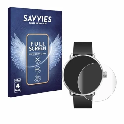 Abbildung von Savvies 4 Stück Full Screen Schutzfolie für Withings ScanWatch (42 mm) Cover Displayschutz Folie [3D Curved, Transparent, Anti Fingerabdruck]