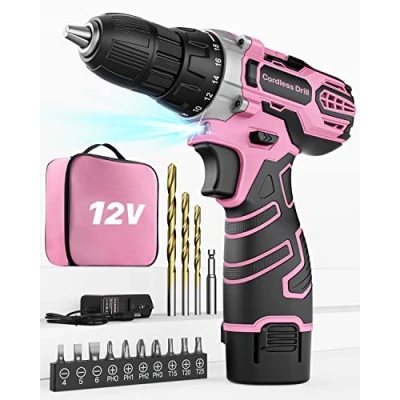 Abbildung von Akkuschrauber 12V Pink Rosa, Akkubohrer Klein, Akku Bohrschrauber Set mit 15 Zubehör und Tasche, 18+1 Drehmomentstufen, 10mm Bohrfutter, 2 Gang, LED Licht, Leicht Schrauber für Reparatur &amp; DIY