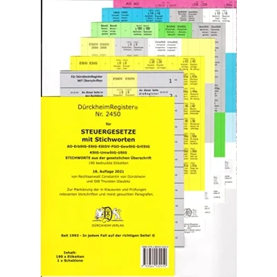 Abbildung von DürckheimRegister STEUERGESETZE mit Stichworten: 190 Registeretiketten (sog. Griffregister) wichtige §§ im EStG, LStG, EStDV, UStG, ErbStG, BewG, AO ... In jedem Fall auf der richtigen Seite