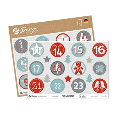 Abbildung von AVERY Zweckform 24 Aufkleber Adventskalender Zahlen (Made in Germany, Weihnachtssticker A5 Bogen Silberprägung, Papier selbstklebend, Sticker Adventskalender, Weihnachtskalender) 54617