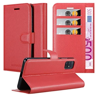 Abbildung von Cadorabo Hülle kompatibel mit Samsung Galaxy A51 5G Handyhülle aus Premium Kunst Leder Flip Klappbare Stoßfeste Magnetische [Standfunktion] [Kartenfächern] Cover für Tasche in Rot