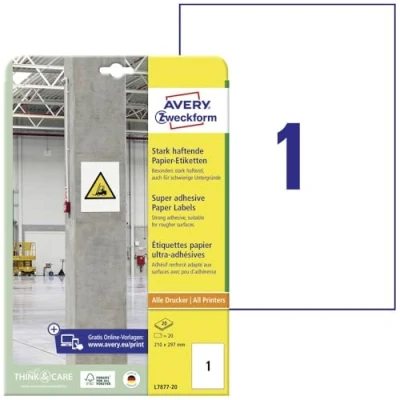 Abbildung von AVERY Zweckform L7877 20 stark haftende Etiketten (20 Aufkleber, 210x297mm auf A4, extrem selbstklebend, auch für schwierige Oberflächen, bedruckbare Power Klebeetiketten) Blatt, weiß