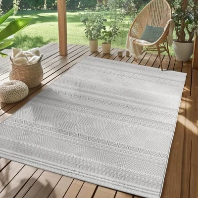 Abbildung von SIMPEX Outdoor Teppich Wetterfest Grau 280x370 cm, UV beständig, ideal für Küche, Balkon, Terrasse, Garten Wohnzimmer Esszimmer, Skandinavisches Boho Design, Pfelgeleicht