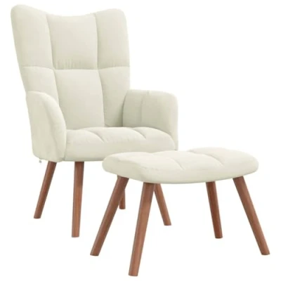 Abbildung von vidaXL Relaxsessel mit Hocker, Sessel Stahlrahmen Holzbeinen, Relaxstuhl Polsterstuhl Armlehne, Fernsehsessel Polstersessel Wohnzimmer, Modern, Cremeweiß Samt