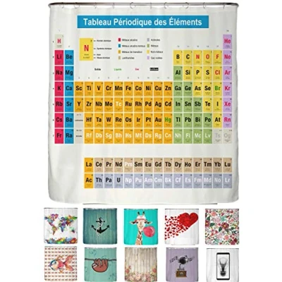 Abbildung von arteneur® Duschvorhang Periodensystem Französisch Anti Schimmel Duschvorhänge 180x200 Recycelt mit Öko Tex Standard 100 Beschwerter Saum Ohne Kleben, Wasserdicht, Waschbar, 12 Ringe in Weiß